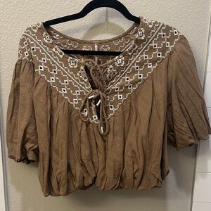 Brown Embroidered Women's Top Bubble hem free people